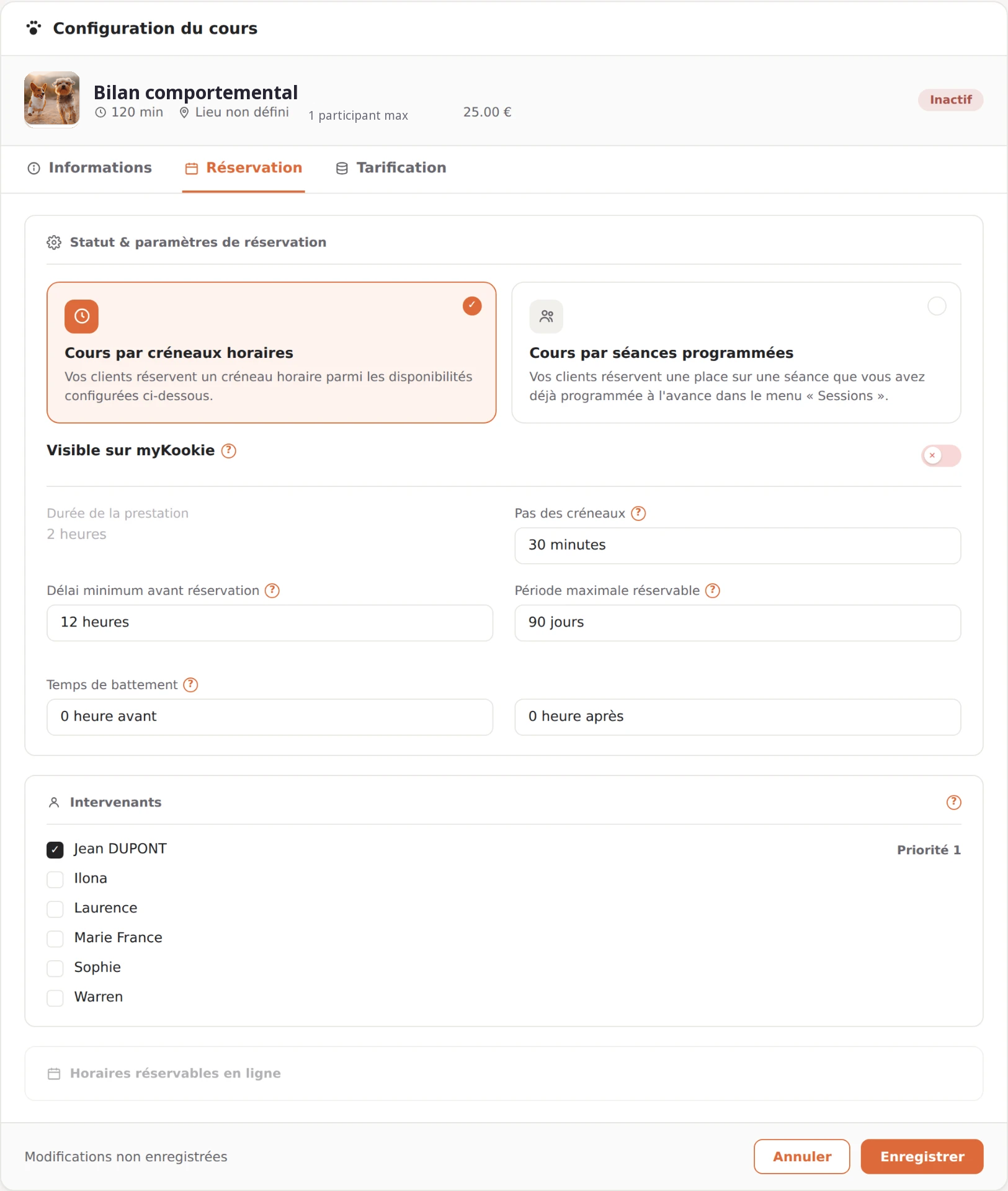 Onglet Réservation avec Cours par créneaux horaires sélectionné pour un bilan comportemental