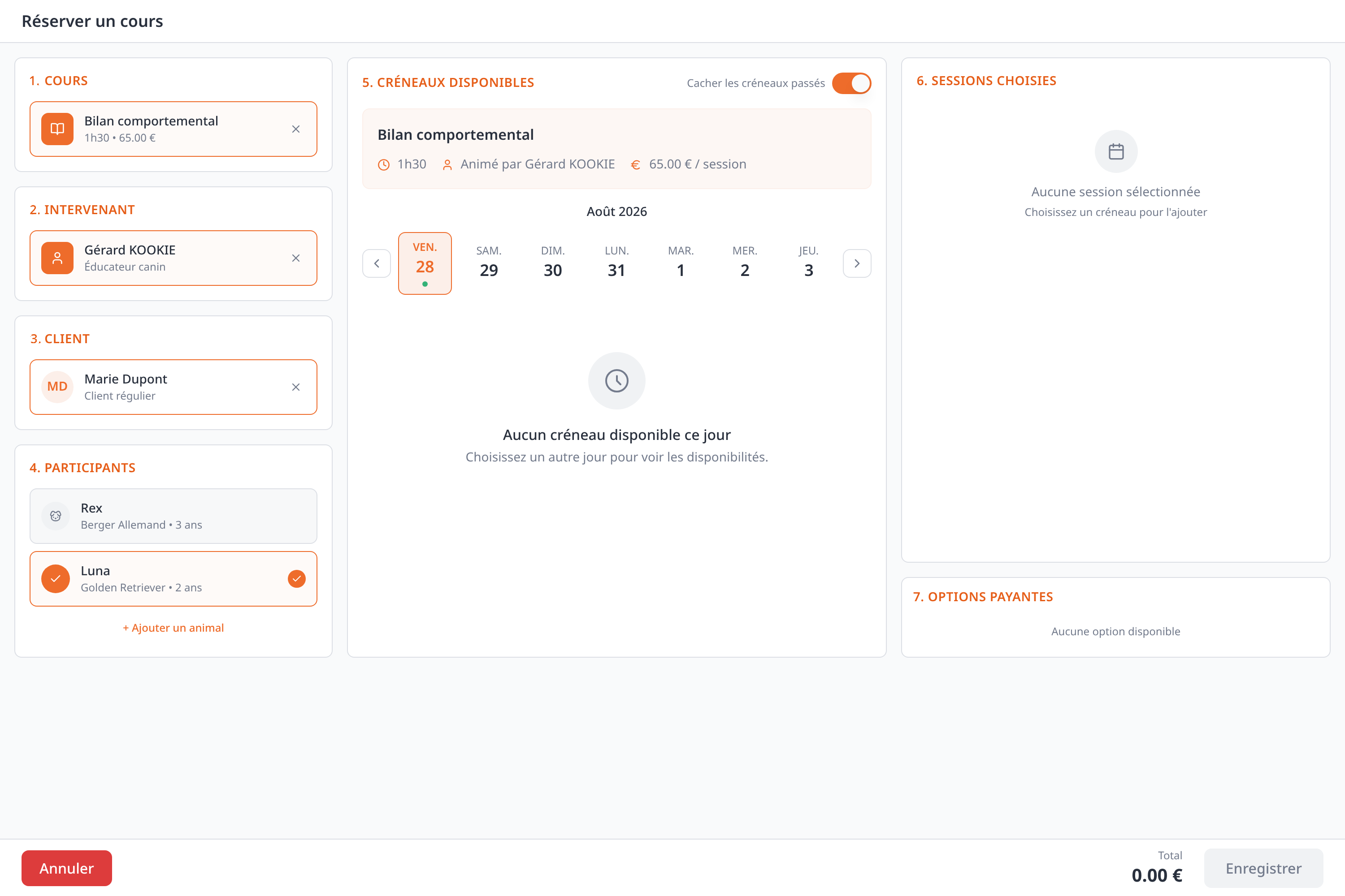 Page complète Réserver un cours : blocs Cours, Intervenant, Client et Participants numérotés de 1 à 4