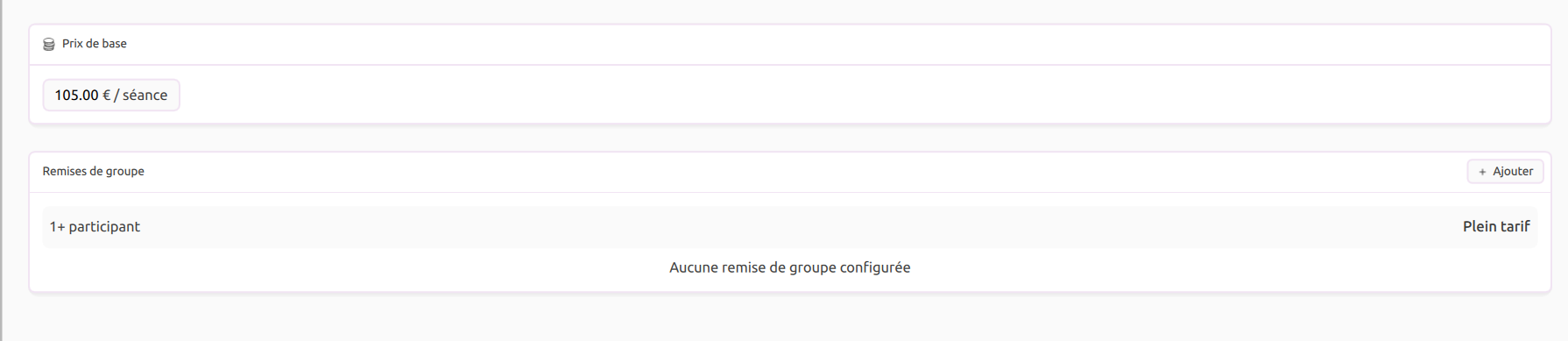 Onglet Tarification avec le prix de base et les remises de groupe