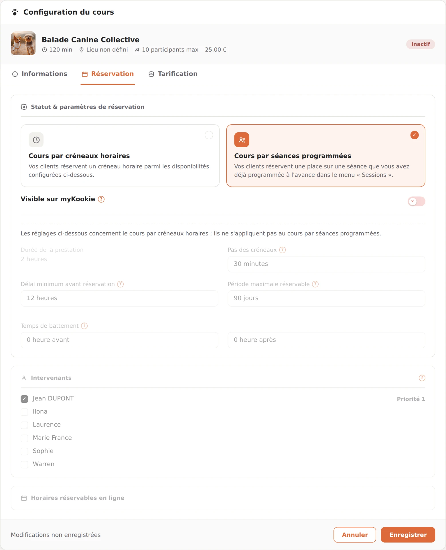 Onglet Réservation avec Cours par séances programmées sélectionné pour un cours collectif et réglages grisés