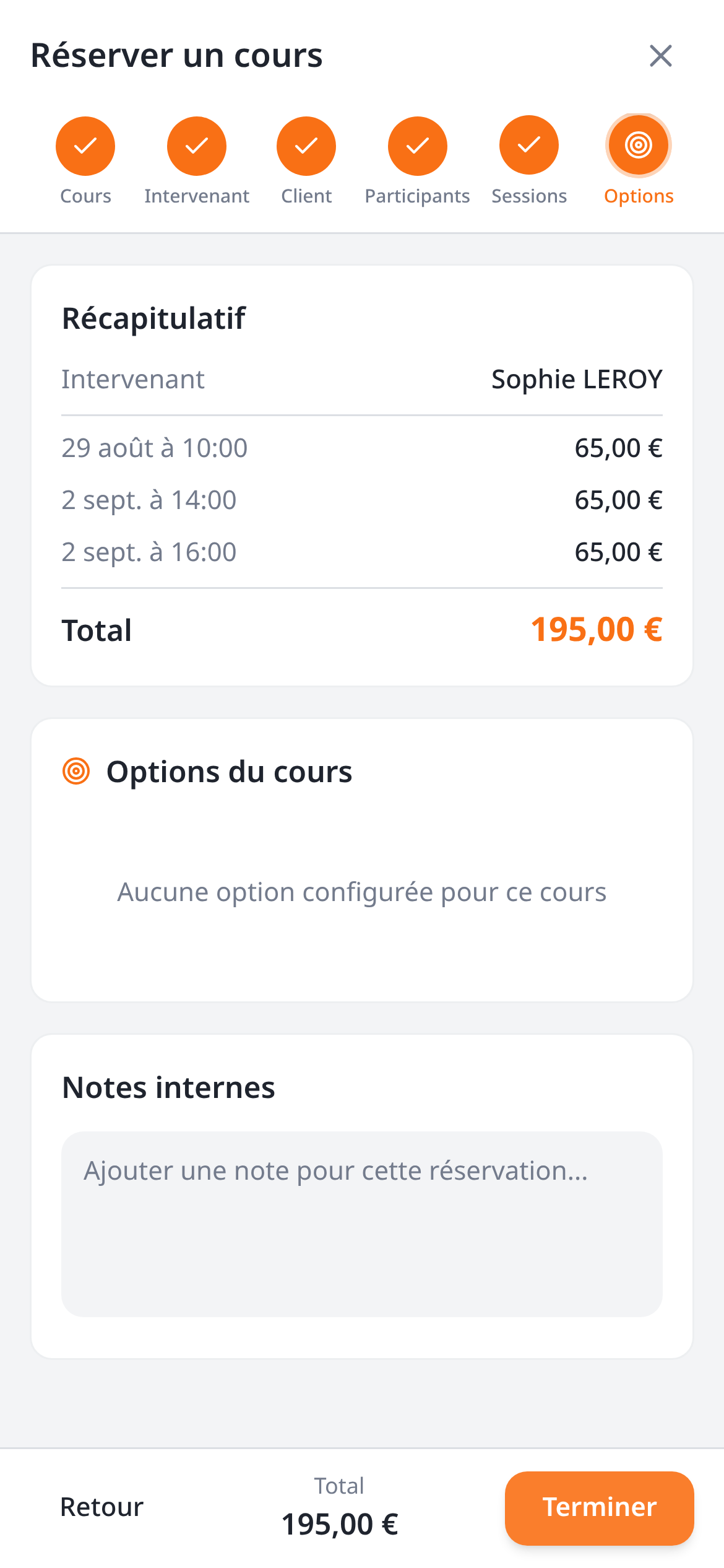 Étape Options sur mobile : récapitulatif, note interne et bouton Terminer