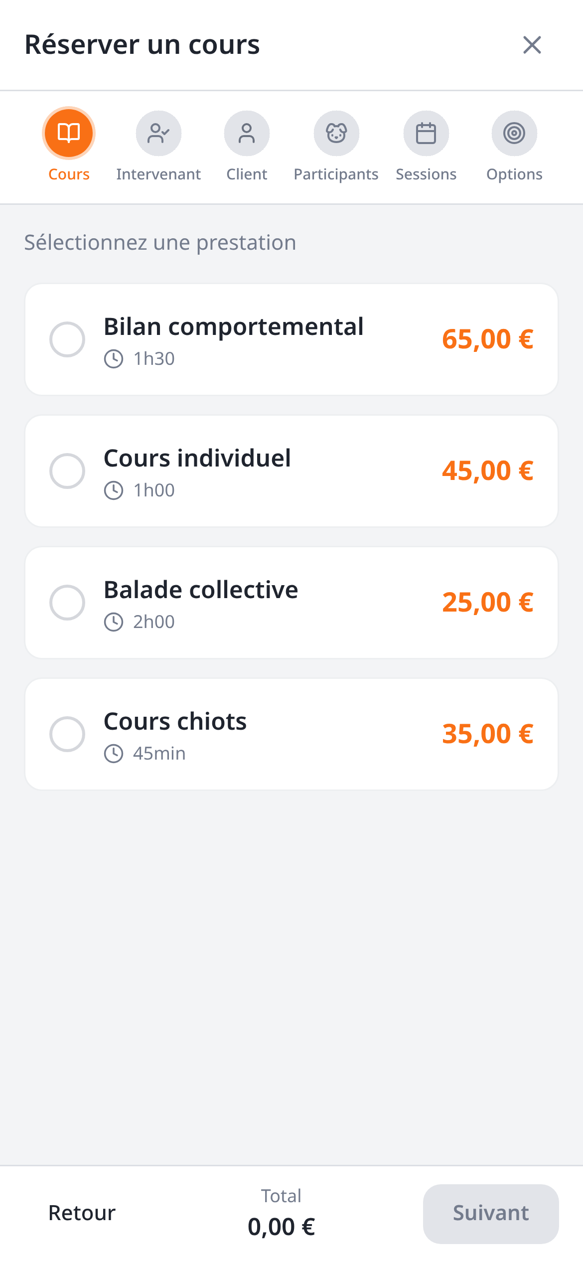 Sélection du cours dans l'assistant mobile