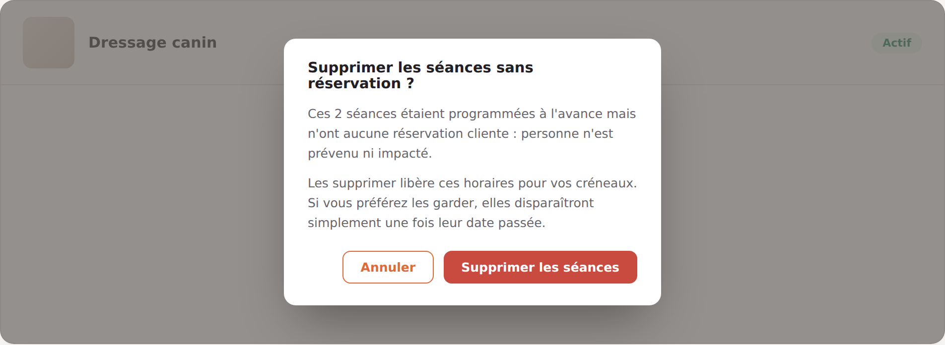 Fenêtre de confirmation demandant de supprimer les séances sans réservation