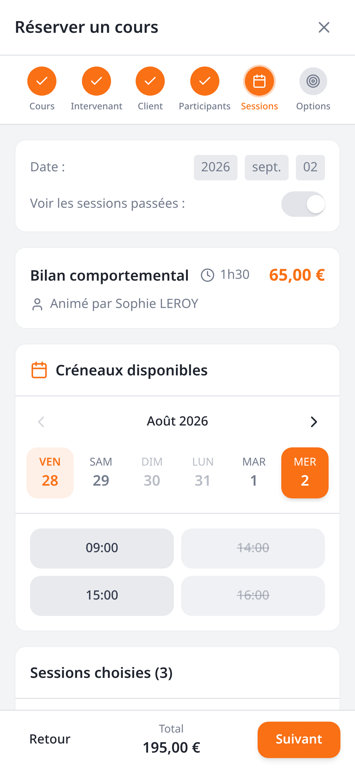 Étape Sessions sur mobile : bande de dates, créneaux et total mis à jour