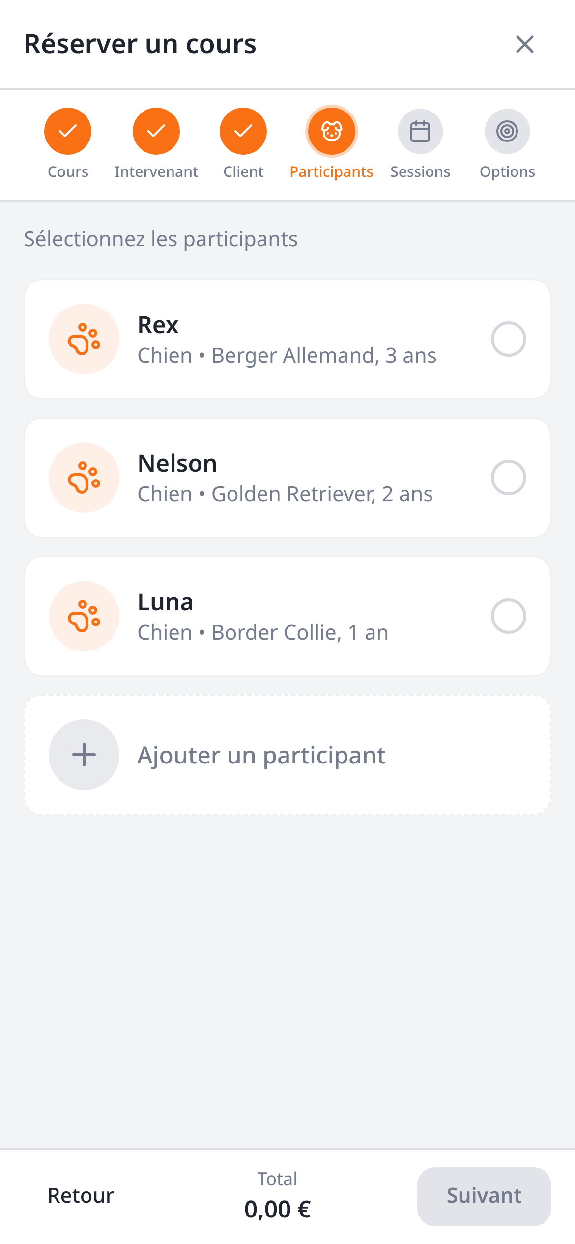 Étape Participants de l'assistant mobile : animaux du client