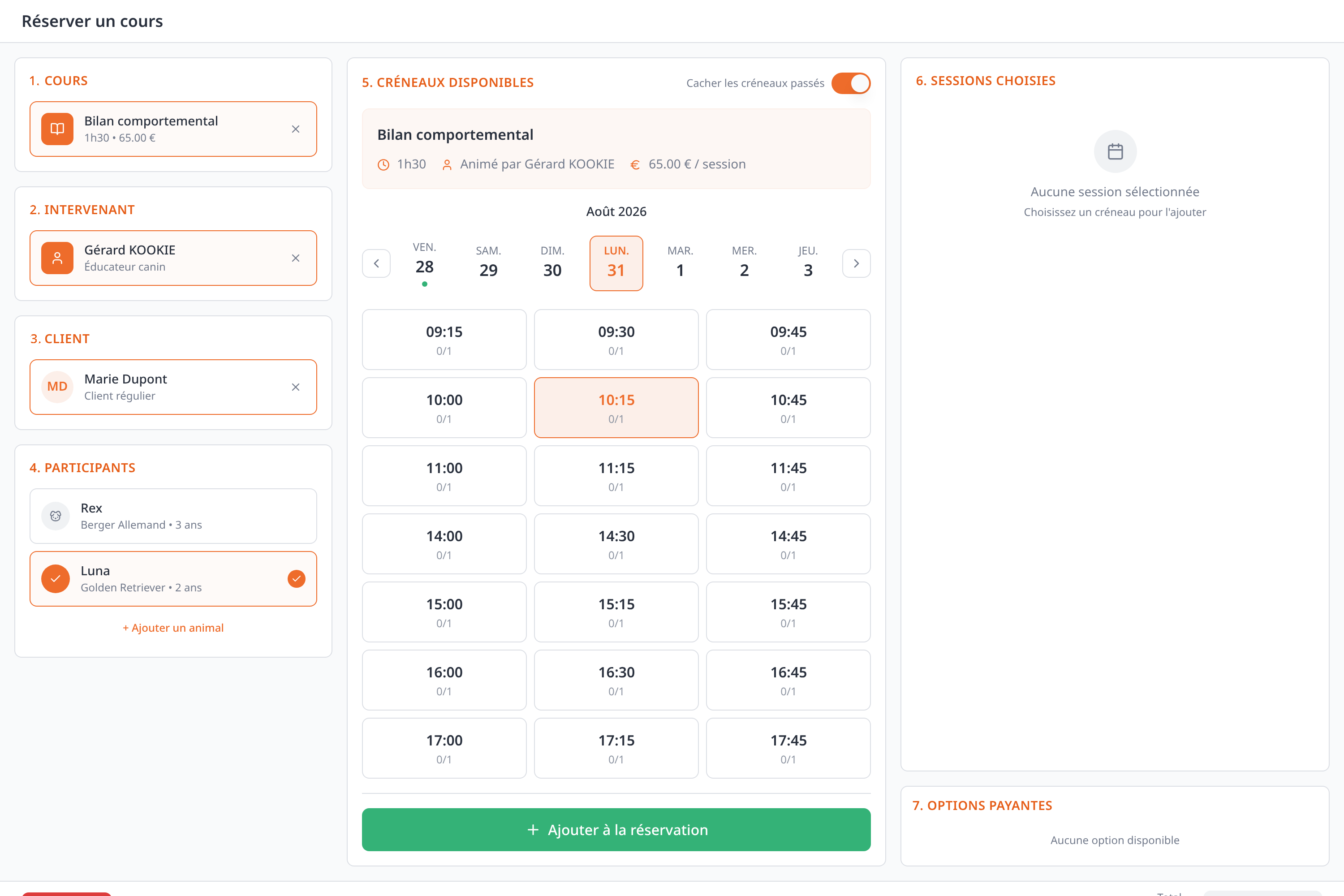 Page complète avec le bloc Créneaux disponibles : la semaine et plusieurs heures proposées