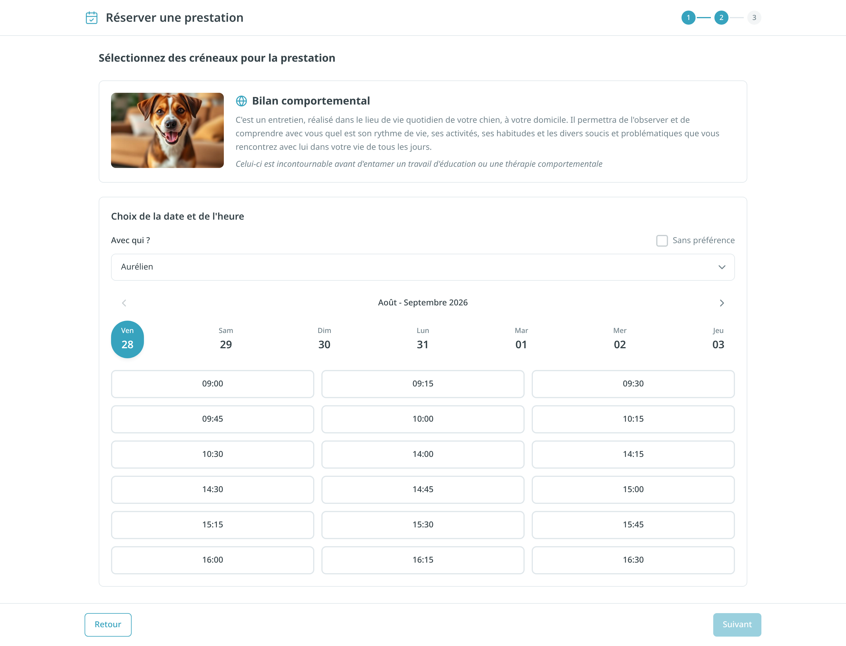 Réservation en ligne sur ordinateur : fiche prestation, choix de l'intervenant, semaine et grille des heures