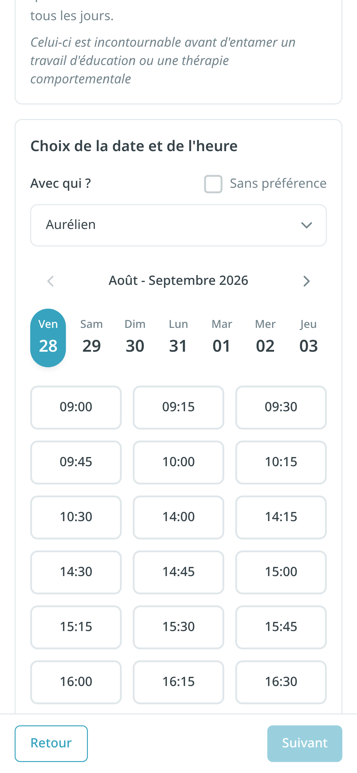 Réservation en ligne sur mobile : intervenant, semaine et créneaux horaires