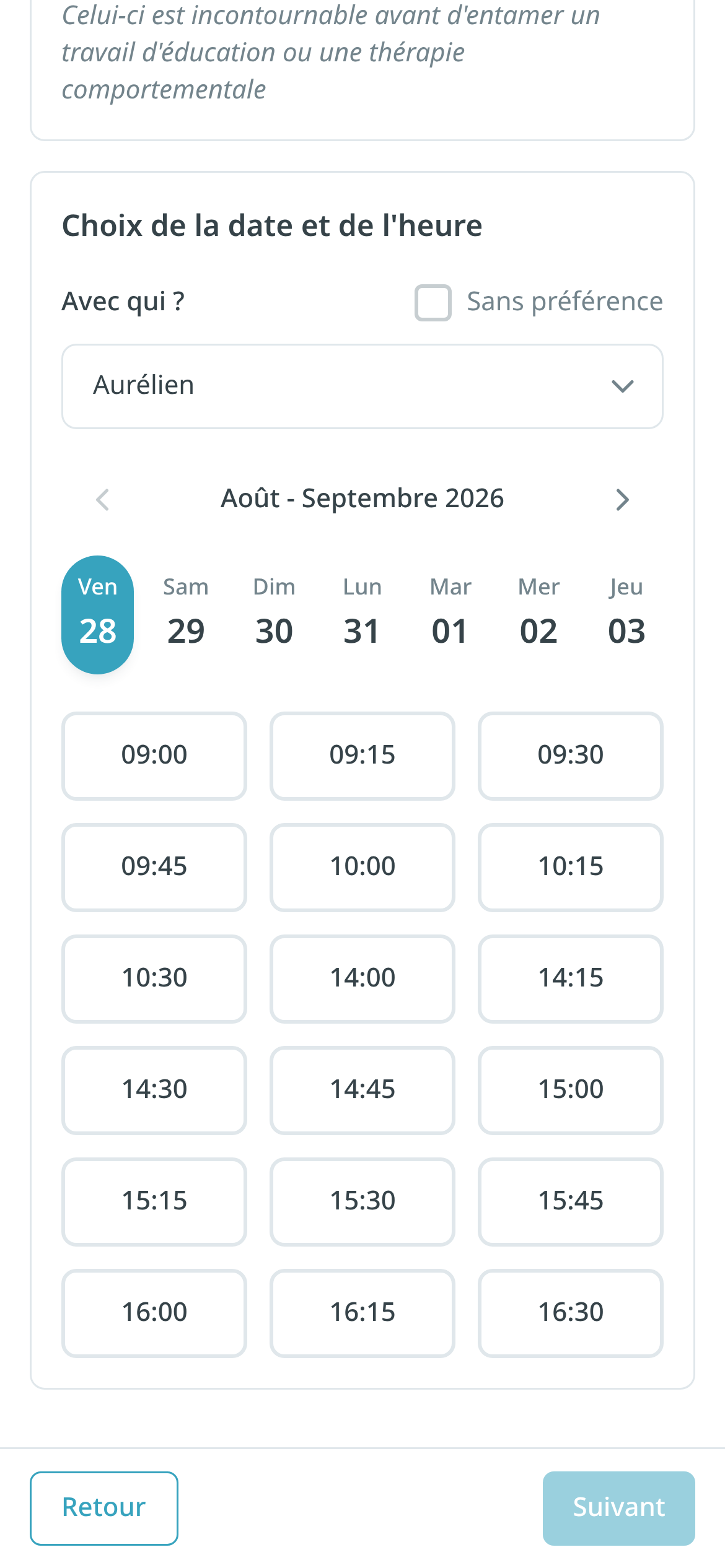 Bas de la page de réservation en ligne sur mobile avec le bouton Suivant