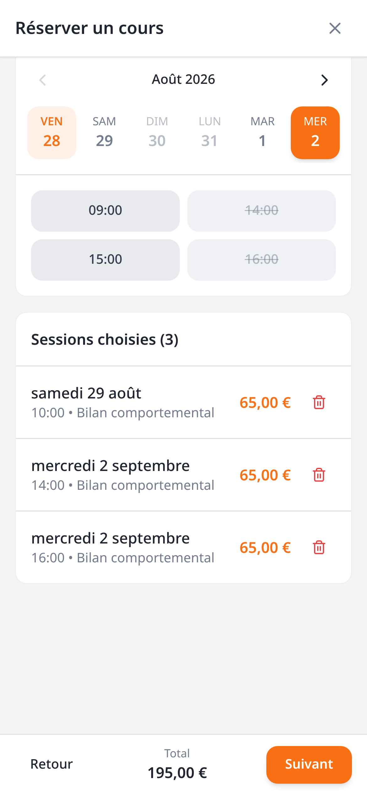 Liste des sessions choisies sur mobile : trois séances à des dates différentes